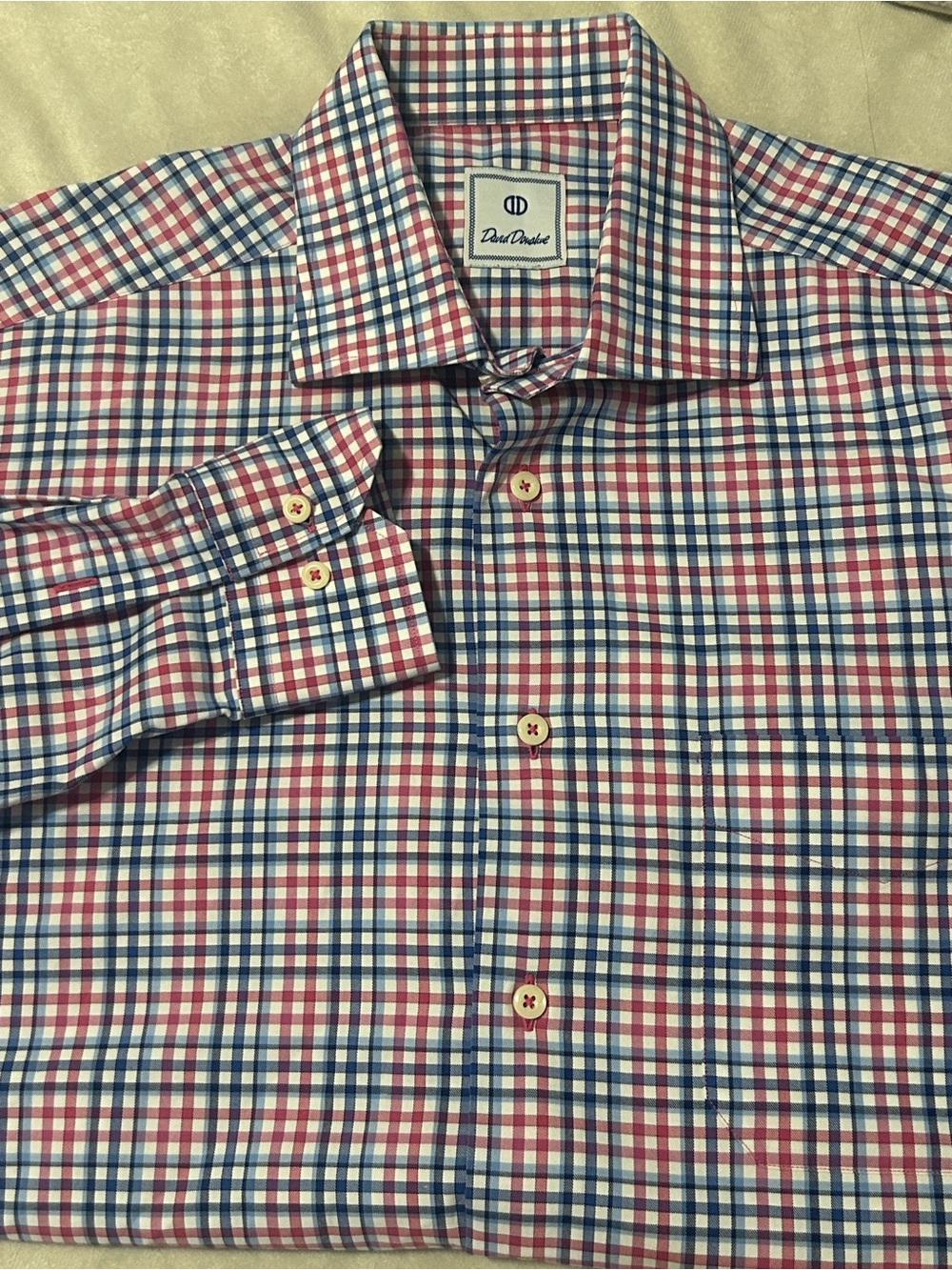 David Donahue Mens Dress Shirt Large L Red Blue Plaid Check Long Sleeve Cotton